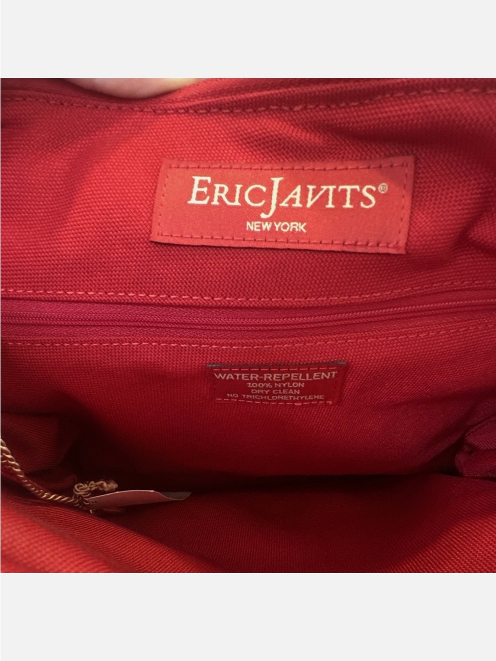 NWT $440 Eric Javits Red Floral Embroidered Tote with Tan Trim and Gold Hardware - Picture 6 of 7